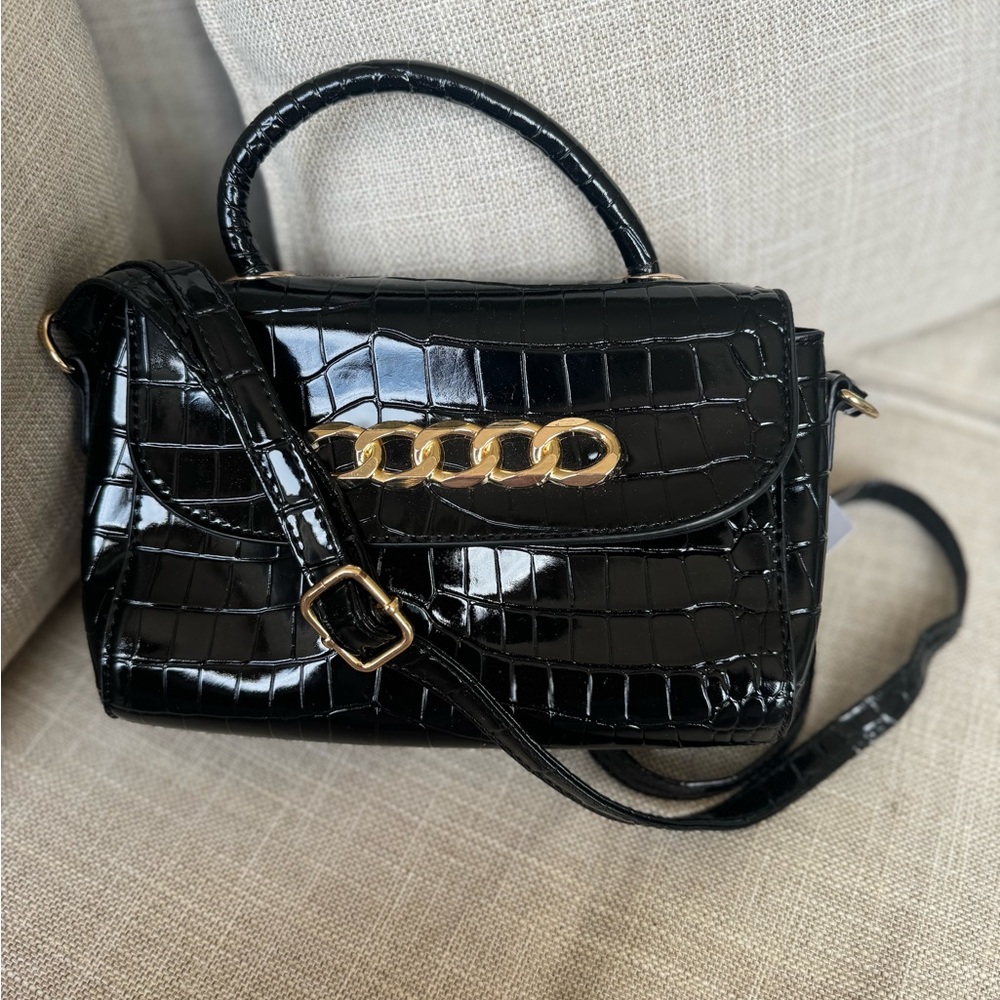 Black croc embossed crossbody bag with top handle